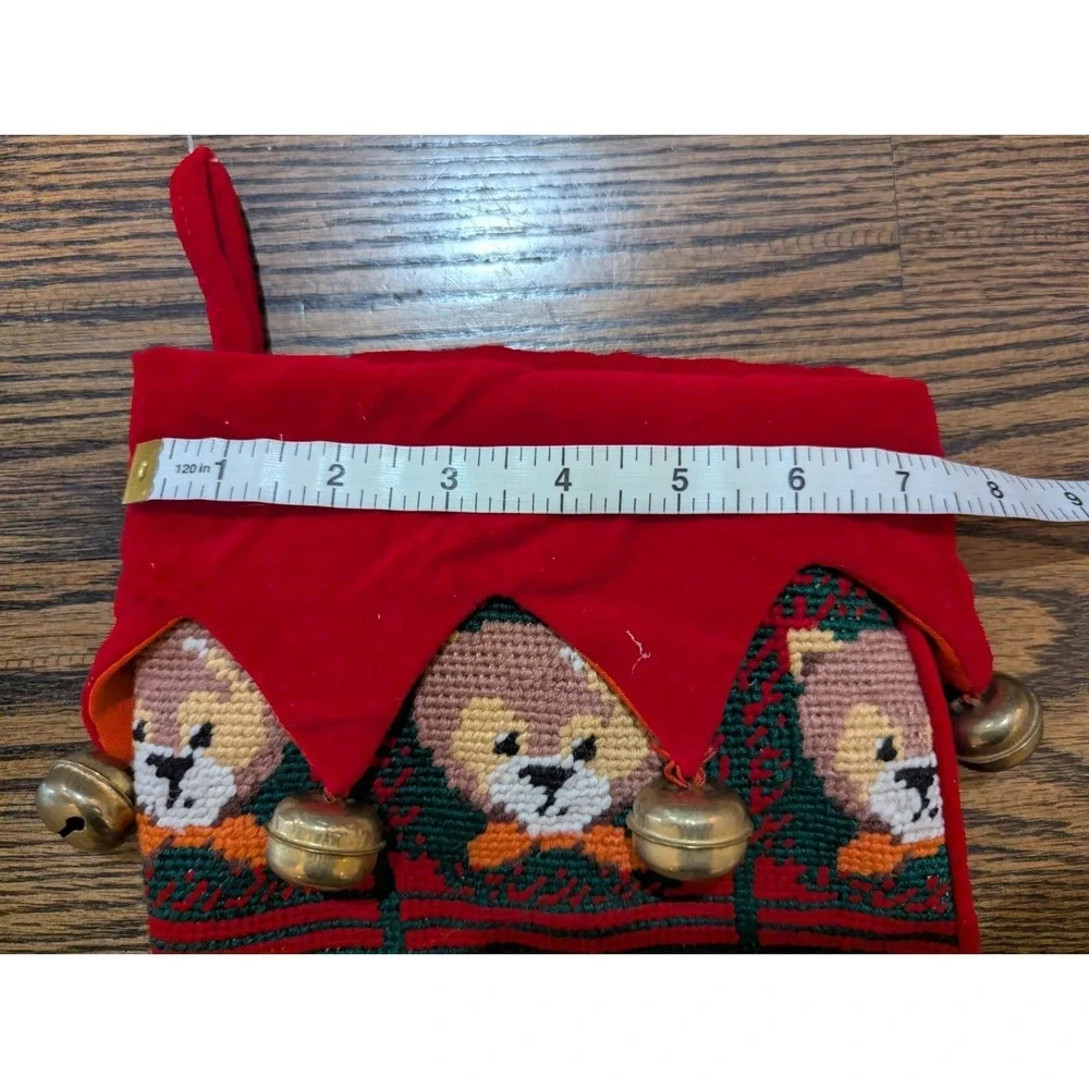 Vintage Needlepoint Christmas Stocking Country Bear Bells Red Velvet Candamar